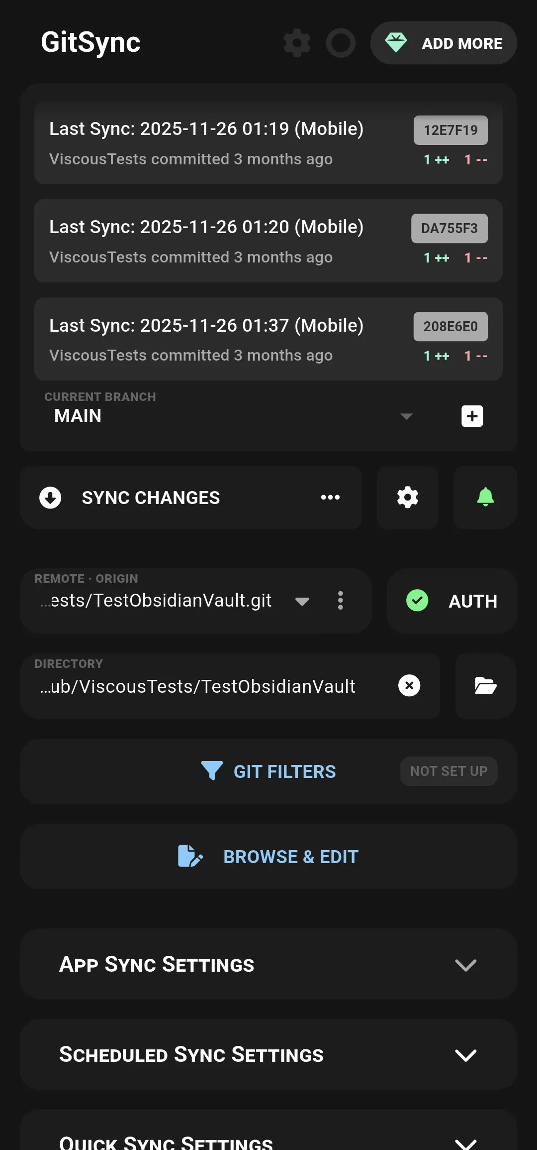 GitSync homepage screen