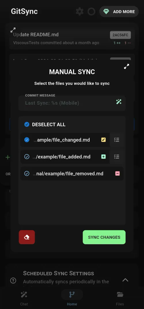 GitSync manual sync screen with commit, pull, and push controls