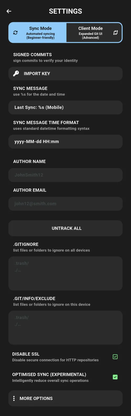 Settings screen