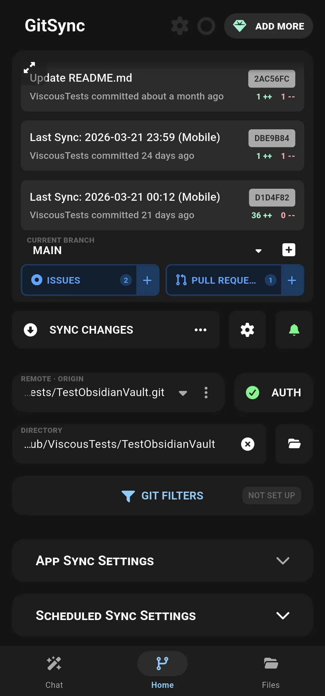 GitSync app home screen showing repository sync status on mobile