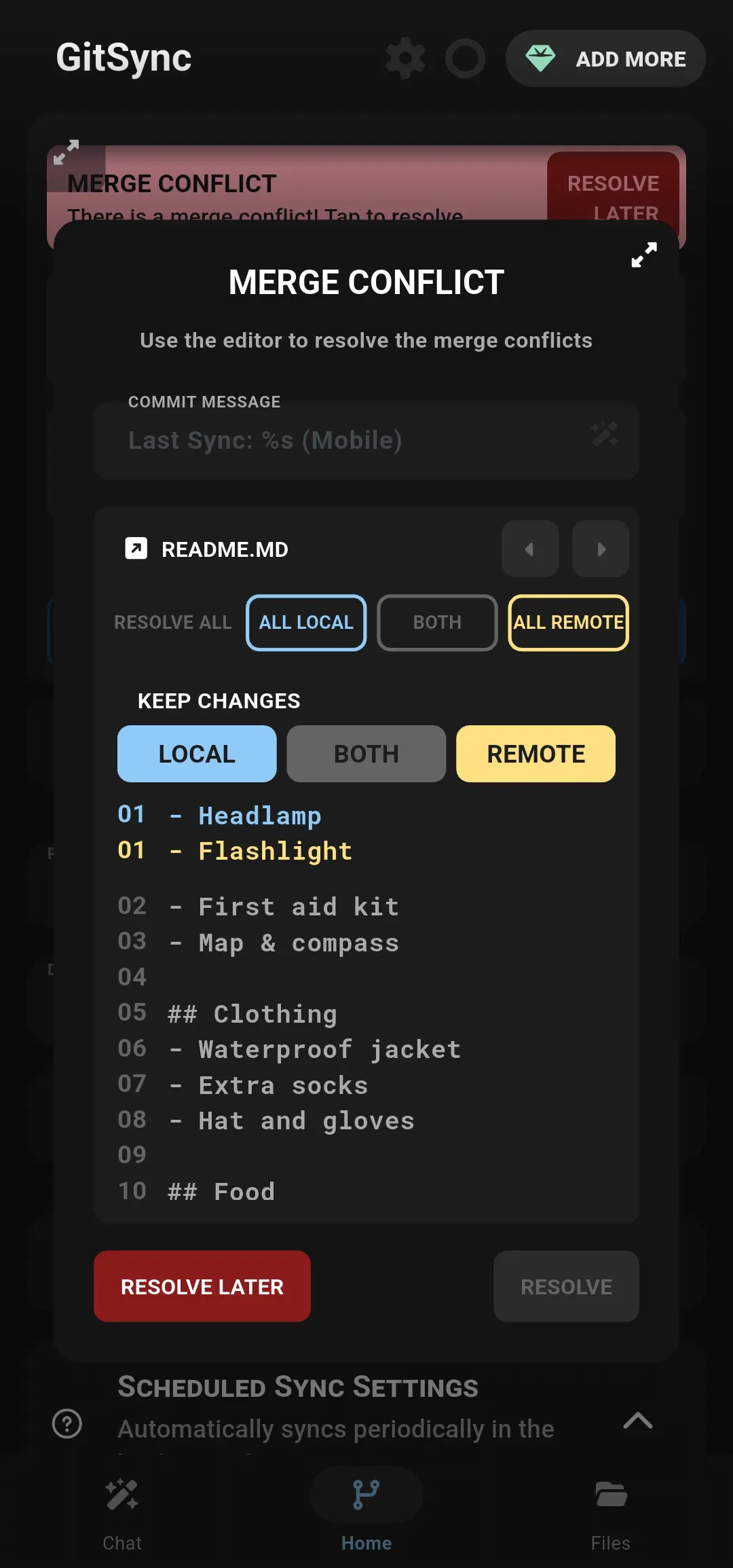 GitSync built-in merge conflict resolution interface on mobile