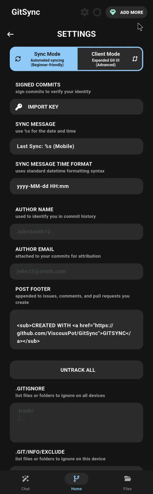 GitSync repository and sync configuration settings