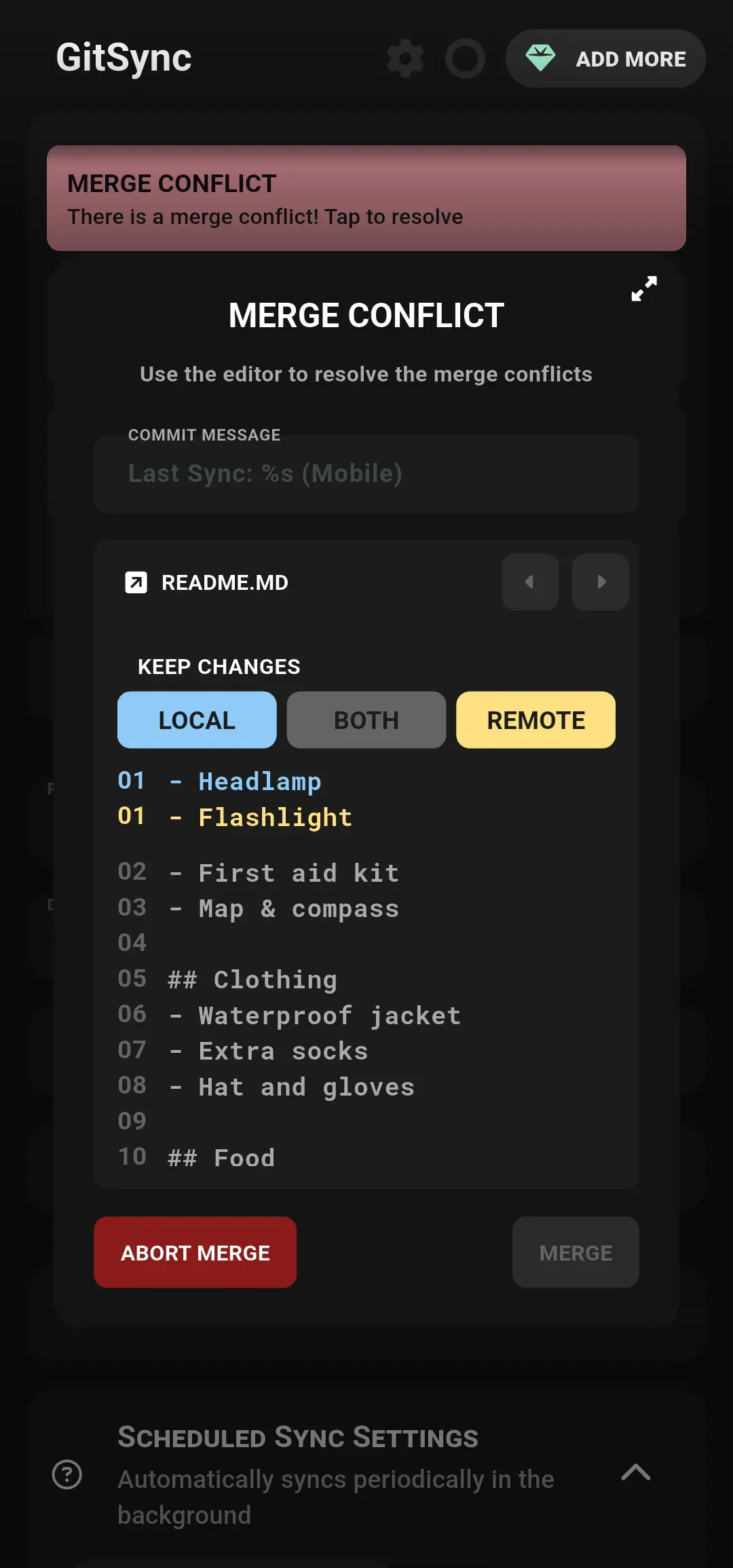 Merge conflict resolution screen